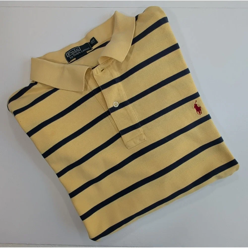 Vintage Ralph Lauren Polo Shirt Mens 2XLT Tall Yellow Navy Striped Preppy Campus